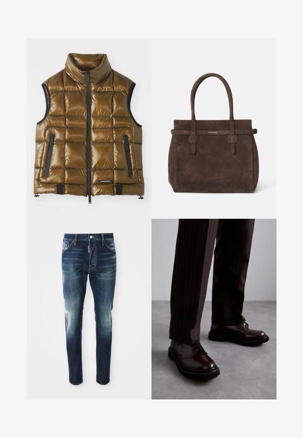 Gestepptes Weste aus metallisch braunem Stoff mit hohem Kragen. Verfügt über Reißverschlusstaschen und einen Frontreißverschluss. Glatte Textur, rechteckiges Steppmuster.; Weißes Baumwoll-Top ohne Ärmel mit rundem Ausschnitt, ausgestattet mit einer glatten Textur und einer figurbetonten Form, ideal für die Freizeit.; Dunkelblaue Jeans im Slim-Fit-Schnitt, mit verwaschenen Stellen an den Oberschenkeln und Knien, fünf Taschen und einem Metallknopfverschluss.; Braune Leder Schnürschuhe mit glänzender Oberfläche, schwarzer Gummisohle und dezenten Nähten. Getragen mit braunen Angabenhosen mit Nadelstreifen.; Dunkelbraune Wildledertasche mit doppelten Griffen und einem horizontalen Riemen, der mit einem kleinen goldenen DSQUARED2-Logo-Plakette versehen ist.