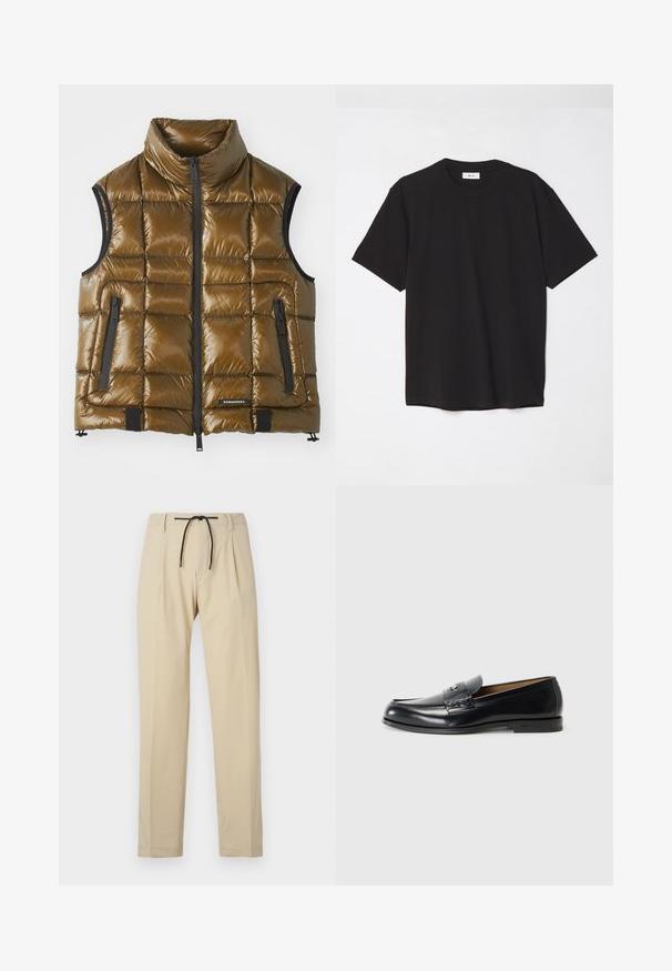 Vaatetettu liivi metallinhohtoisessa ruskeassa kankaassa, jossa on korkea kaulus. Varustettu vetoketjullisilla taskuilla ja edessä vetoketjulla. Suuressa pinnassa on sileä rakenne ja suorakulmainen tilkkutäkkeinen muotoilu.; Mustat puuvillapaitat, joissa on pyöreä kaula-aukko, lyhyet hihat ja rento malli. Yksinkertainen muotoilu, sileä pinta ilman näkyviä kuvioita tai logoja.; Harmaat housut suoran istuvuuden omaavat, varustettuna narukiristyksellä vyötäröllä, laskostetulla edessä ja sileällä pinnalla. Yksinkertainen, monikäyttöinen muotoilu.; Nahka loaferit mustana, jossa on sileä pinta, pyöreä kärki, koristeelliset tikkaus ja pieni metallikoriste edessä.