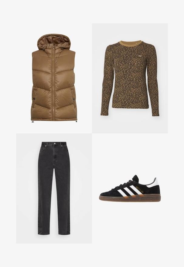 Brun foret vest med hette, med glidelås foran, diagonalt sydd mønster og sidelommer. Målmateriale i polyester, glatt tekstur.; Brun langermet t-skjorte med leopardmønster, rund hals og lett stretch. Liten logopatch på forsiden.; Sorte denim jeans med høy midje, rett ben, frontknapp og glidelås, og fem-lomme stil på en hvit bakgrunn.; Sorte Adidas sneakers med hvite striper, gull "Spezial" tekst, gummisåle og hvit hælklaff, vist fra profil.