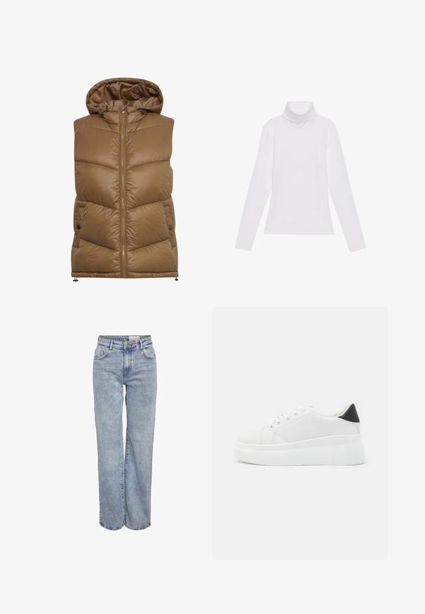 Brūns aizpildīts veste ar kapuci, ar rāvējslēdzēja priekšpusi, diagonālu šūšanas rakstu un sānu kabatām. Poliestera materiāls, gluda tekstūra.; Balts garie piedurknēm turtlenecks krekls, izgatavots no gludas, elastīgas auduma. Iezīmē augstu apkakli un pielāgotu dizainu, bez redzamām rakstainām vai rotājumiem.; Gaiši zili platlapu džinsi, izgatavoti no denima, ar augstu jostasvietu, piecu kabatu dizainu un vieglu nolietojuma efektu.; Baltas platforma kedas, izgatavotas no gludas sintētiskas vielas, ar noapaļotu purngalu, saites dizainu un teksturētu gumijas zoli. Melna papēža akcenta detaļa.