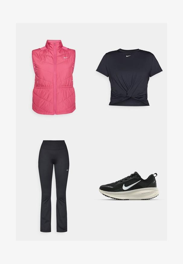 Veste sans manches rose avec un col haut, dotée d'une fermeture éclair sur le devant, texture matelassée et logo blanc sur la poitrine. Matière légère.; T-shirt de sport noir en tissu lisse, avec un design avant noué et un petit logo Nike blanc sur la poitrine.; Leggings de sport noirs avec une taille haute, fabriqués en tissu lisse et extensible. Présentent un petit logo Nike blanc sur la cuisse gauche.; Baskets de course noir Nike avec tige respirante en mesh, logo swoosh blanc, détails texturés et semelle intermédiaire ZoomX de couleur crème.