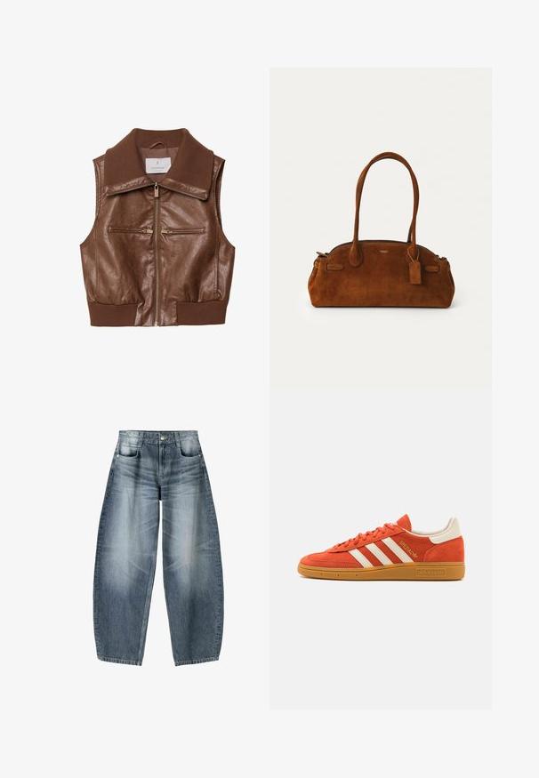 Braune Lederweste ohne Ärmel mit geripptem Kragen und Saum, vorderem Reißverschluss und zwei horizontalen, mit Reißverschluss versehenen Brusttaschen.; Weißes Kurzarmoberteil mit rundem Halsausschnitt und lockerer Passform. Aus einem glatten Stoff gefertigt, mit subtiler Textur und klaren Linien.; Weite Jeans aus hellblauem Denim mit Ausbleichungen, im fünf-Taschen-Design, mit Knopfverschluss und minimalen Nähtelementen.; Oranges Wildleder-Sneaker mit weißen Lederakzenten, ausgestattet mit drei weißen Streifen und einer Sohle aus Gummi. "Spezial"-Logo auf der Zunge.; Braune Wildleder-Handtasche mit zwei runden Griffen, goldfarbener Hardware, einem kleinen Anhänger und einem glatten Reißverschlussverschluss. Verfügt über subtile gestickte Akzente.