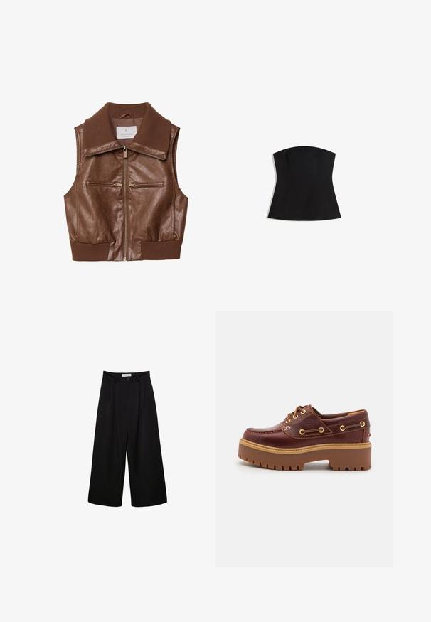 Hnedá kožená bezrukávovka s rebrovaným golierom a lemom, predným zipsom a dvoma horizontálnymi zipsovými vreckami na hrudi.; Čierny top bez ramienok s priliehavým strihom, hladkou textúrou a širokým výstrihom. Obsahuje záševky pre tvarovanie a čistý, minimalistický dizajn.; Čierne široké nohavice s vysokým pásom, plisovaným predným dielom a zapínaním na gombík. Vyrobené z hladkej tkaniny s módnym strihom.; Hnedé kožené člunkové topánky s masívnou hnedou gumovou podrážkou, zlatými okami a kontrastným prešívaním. Obsahuje logo na boku.