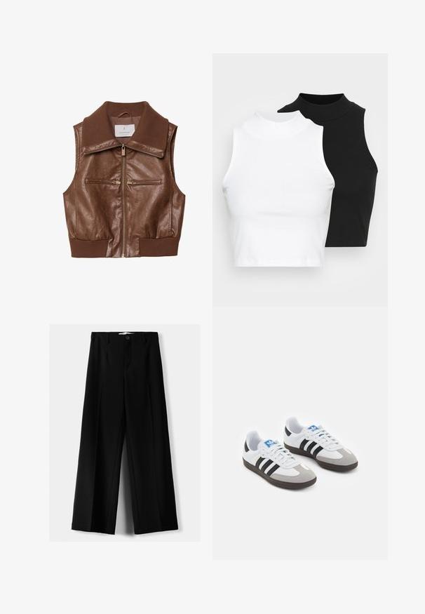 Braune Lederweste ohne Ärmel mit geripptem Kragen und Saum, vorderem Reißverschluss und zwei horizontalen, mit Reißverschluss versehenen Brusttaschen.; Zwei ärmellose, gerippte Rollkragenoberteile in Schwarz und Weiß, mit einer figurbetonten Passform und glatter Textur sowie einer cropped Länge.; Schwarze weite Hosen aus leichtem Stoff, mit einem Knopfverschluss vorne und flachem Bund, mit sorgfältig genähten Säumen.; Sportschuhe mit einem Obermaterial aus weißem Leder, grauer Wildleder-Zehenkappe und drei schwarzen Streifen. Sie verfügen über ein blaues Logo auf der Zunge und eine strukturierte Gummisohle.