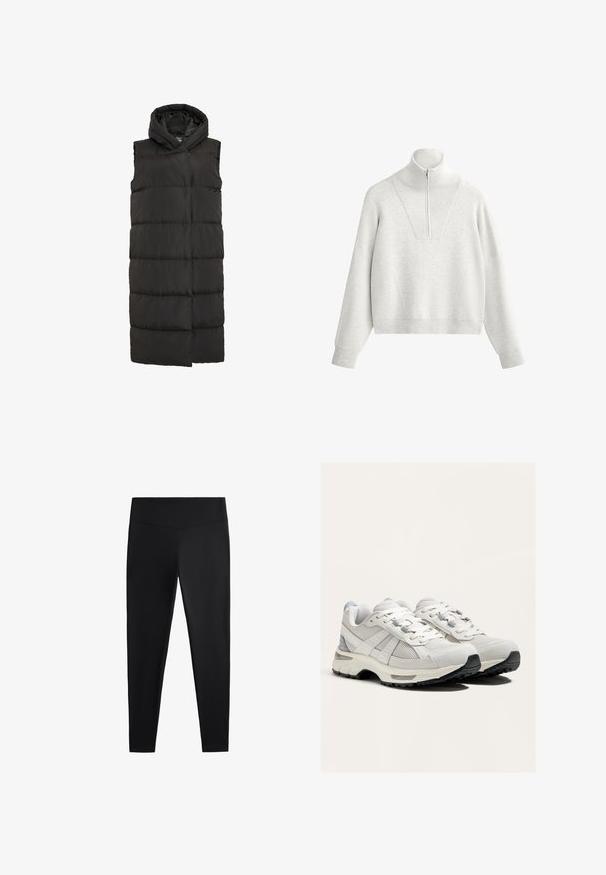 Zwarte mouwloze puffer-vest met een hoge kraag, voorzien van horizontale gestikte secties en een voorkant met ritssluiting. Gladde, geïsoleerde stoftextuur.; Lichtgrijze sweatshirts met een hoge kraag, voorzien van een halve rits en ribbeltextuur. Vierkante snit met doorlopende schouders en een gestructureerd ontwerp.; Zwarte leggings van gladde, rekbare stof. Voorzien van een brede tailleband en een taps toelopend pootdesign, geschikt voor actieve of casual kleding.; Lichtgewicht hardloopschoenen in wit en grijs, gemaakt van mesh- en suèdematerialen, met vetersluiting, gevoerde zolen en een gestructureerde zwarte buitenzool.