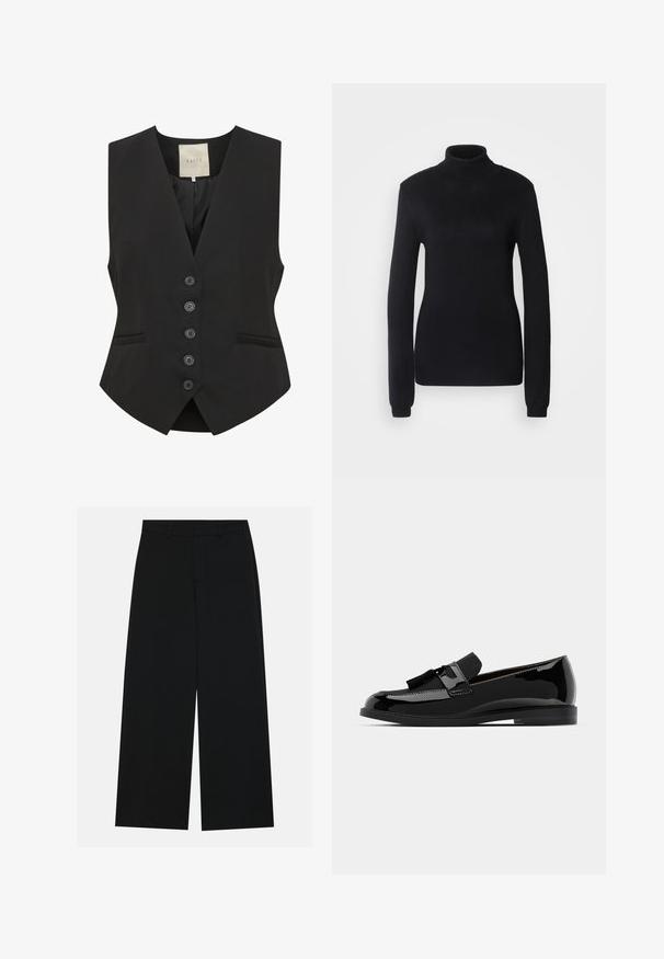 Black vest with a V-neckline, five-button front closure, two side pockets, and a tailored fit. Made from smooth fabric. Tag labeled "KAFFE."; Black turtleneck sweater made from a soft knit fabric, featuring long sleeves and a fitted silhouette with a ribbed collar and hem.; Wide-leg black trousers made of a smooth fabric. Features a flat waistband with belt loops and no visible pockets. Simple design.; Black patent leather loafers with a flat heel, featuring a tassel accent and smooth surface, designed with a rounded toe and subtle stitching.