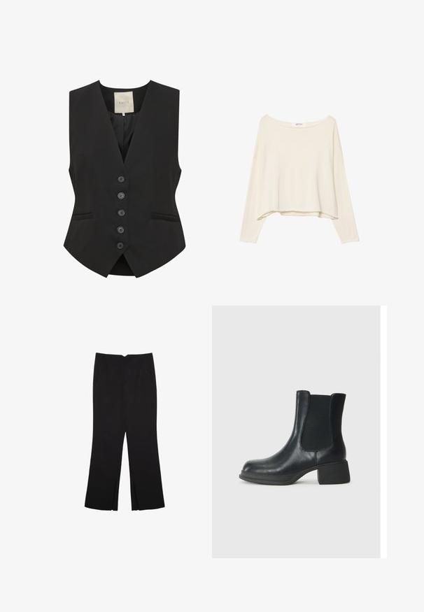 Black vest with a V-neckline, five-button front closure, two side pockets, and a tailored fit. Made from smooth fabric. Tag labeled "KAFFE."; Light beige cropped sweatshirt with a wide neckline, long sleeves, and a soft, textured fabric. Features a relaxed, boxy fit.; Black trousers with a straight fit, featuring front pockets and side slits at the hem. Made of soft, smooth fabric. Suitable for various occasions.; Black leather ankle boot with elastic side panels, rounded toe, and a low block heel. The surface has a smooth texture and minimal detailing.