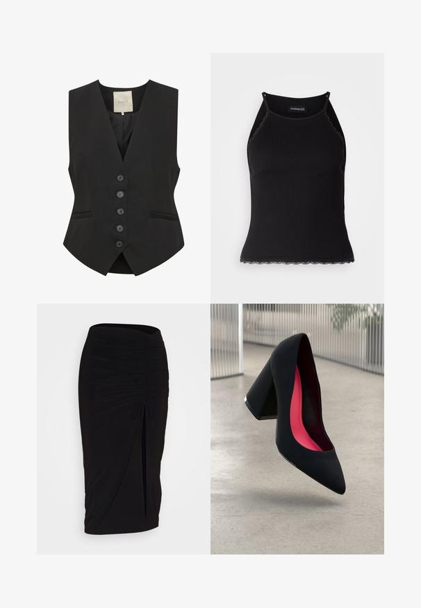Schwarze Weste mit V-Ausschnitt, fünf Knöpfen vorne, zwei seitlichen Taschen und taillierter Passform. Hergestellt aus glattem Stoff. Etikett mit der Aufschrift "KAFFE."; Schwarzes, geripptes Tanktop mit gewellten Spitzenabschluss am Saum. Mit dünnen Trägern und einer figurbetonten Passform. Hergestellt aus dehnbarem Material.; Schwarzer, geraffter Bleistiftrock mit Bindegürtel und seitlichem Schlitz. Hergestellt aus einem dehnbaren Stoff, mit glatter Textur und figurschmeichelndem Design.; Schwarzer High Heel Schuh mit spitzer Zehe, strukturiertem Obermaterial und lebhaftem pinken Innenraum. Verfügt über einen dicken Absatz mit silberner Akzentuierung.