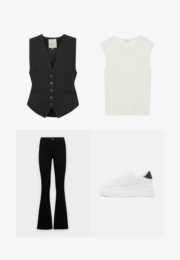 Melns vests ar V veida kakla izgriezumu, piecu pogu priekšējo aizdari, divām sānu kabatām un pieguļošu piegriezumu. Izgatavots no gludas auduma. Etiķete ar nosaukumu "KAFFE."; Balts bez piedurknēm tops ar apaļu kakla izgriezumu. Izgatavots no gludas auduma, tam ir brīvs piegriezums un minimālistisks dizains. Nav nekādas rakstainības vai akcentu.; Melni augsta jostas šorti ar pogu un rāvējslēdzēju, priekšējām kabatām un izplestām kājām, nolikti uz balta fona.; Baltas platforma kedas, izgatavotas no gludas sintētiskas vielas, ar noapaļotu purngalu, saites dizainu un teksturētu gumijas zoli. Melna papēža akcenta detaļa.