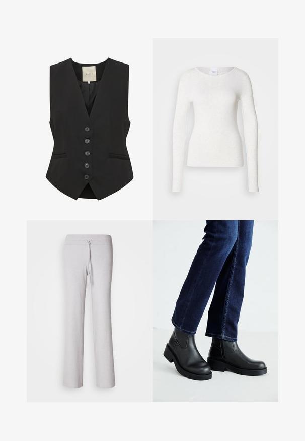 Black vest with a V-neckline, five-button front closure, two side pockets, and a tailored fit. Made from smooth fabric. Tag labeled "KAFFE."; White long-sleeve t-shirt in a soft, lightweight fabric with a round neckline and slim fit, featuring a subtle texture.; Light gray, ribbed fabric lounge pants with a drawstring waistband and wide-leg design. Smooth texture, full-length silhouette.; Black leather ankle boots with a chunky sole and side elastic panels, paired with dark blue jeans. The ground is light-colored.