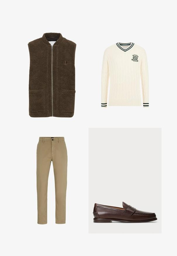 Pruun fliistevest kõrge kraega, esimeses lukus ja kahe küljetaskuga. Tekstuuriga materjal pehme ja karvase viimistlusega.; Kreemist kaelusriidega kudum, millel on V-kujuline kaelus, roheliste triipudega varrukad ja tikandlogoga rinnapeal. Pehme tekstuur ja kehakujule sobiv disain.; Beige puuvillased chinos slim lõikega, lameda esiotsaga ja nööpkinnisega. Omab vööauke ja küljetaskuid funktsionaalsuse huvides.; Tumepruun nahast penny loafer madala kontsaga, õmmeldud moc toe ja rihma detailiga peal, esitatud valge tausta taustal.