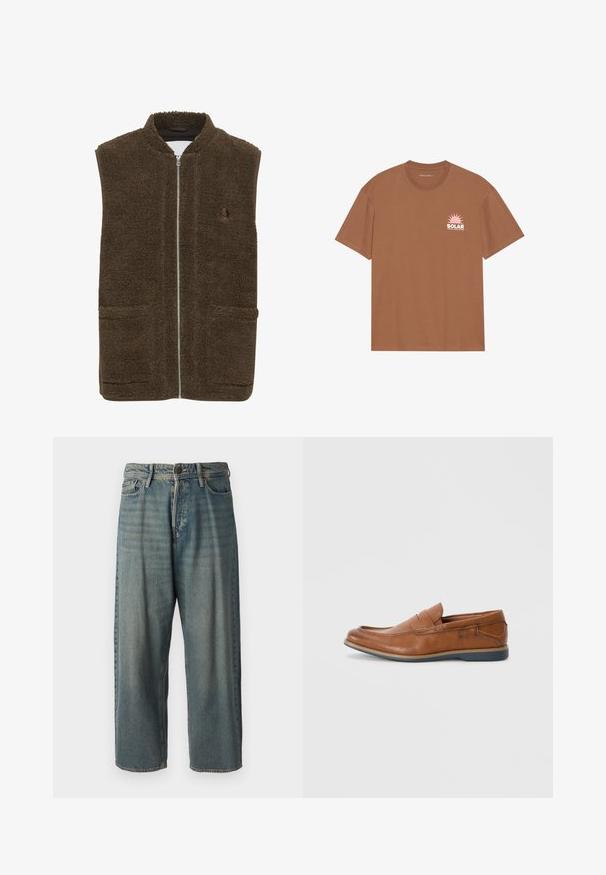 Rjav flis jopič z visokim ovratnikom, sprednjim zadrgo in dvema stranskima žepoma. Teksturiran material z mehkim, puhastim koncem.; Bela kratka majica zavezana iz bombaža, ki ima na levem prsnem delu rožnato sončno grafiko in napis "SOLAR". Oblika s krožnim vratom.; Svetlomoderne kavbojke z ohlapnim krojem, srednjim pasom in ravnimi nogami. Imajo pet žepov, zanke za pas in zapiranje na gumb.; Rjavi usnjeni loafers s okroglo konico, šivi na površini in nizkim gumijastim podplatom. Oblikovanje vključuje pas čez zgornji del.