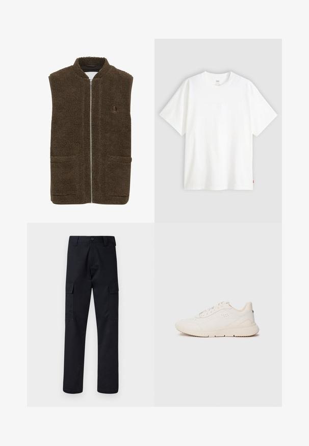 Barna bolyhos mellény magas gallérral, elülső cipzárral és két oldalsó zsebből áll. Texturált anyag, puha, plüss kivitelben.; Fehér, rövid ujjú pamut póló, kerek nyakkivágással. Az elülső részen finom, domború logós részlet található, valamint egy piros cimke az alsó szegélyen.; Fekete cargo nadrág, tartós anyagból készült, egyenes szárú fazonnal, két oldalsó zsebbel és gombos záródással a derékon.; Fehér sneaker, textúrált anyagból készült, sima talppal, fűzős elejével és diszkrét logóval a saroknál. Minimalista dizájn.
