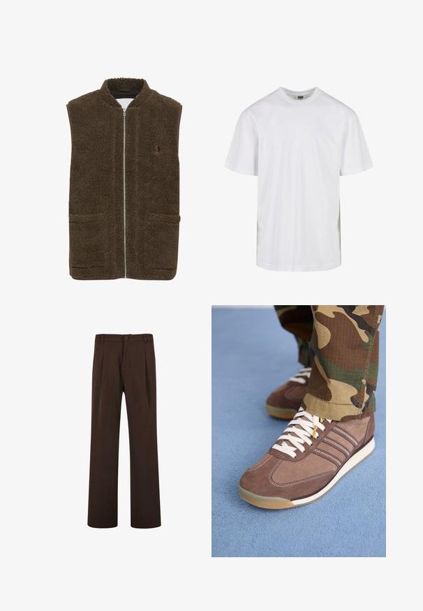Vesta din fleece maro cu guler înalt, fermoar frontal și două buzunare laterale. Material texturat cu un finisaj moale și pufos.; Tricou alb din bumbac cu decolteu rotund și mâneci scurte. Designul este simplu, fără tipare sau accente.; Pantaloni maro cu un design drept, dotati cu închidere cu nasture și plii, fabricați dintr-un material neted. Fără buzunare vizibile sau modele.; Adidași din suede maro cu șireturi albe și accente deschise, având trei dungi pe laterale și o talpă din cauciuc texturat.