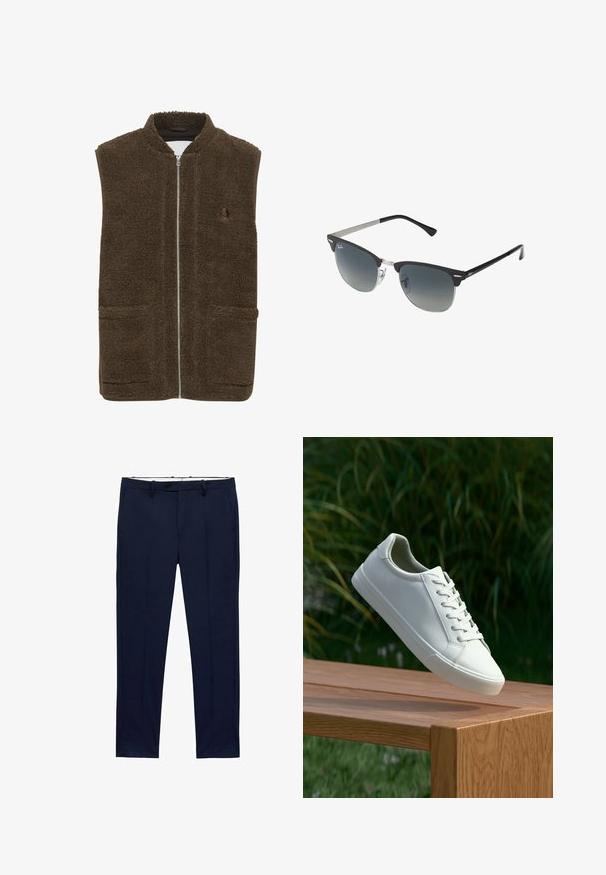 Brun fleece vest med høj krave, frontlynlås og to sidelommer. Teksturmateriale med en blød, plyss finish.; Hvide kortærmede t-shirts stablet, lavet af bomuld. Har en rund hals og en lige pasform. Stoffet ser glat ud uden mønstre.; Mørkeblå bukser med slim fit og nålestribet mønster. Har lynlåsgylf, bæltestropper og forlommer. Glat stofstruktur.; Hvide snørresneakers svævende over en træbænk med grønne planter i baggrunden, der fremhæver skodesign og tekstur.; Sorte og sølv solbriller med katteøje-form, gradient linser og metalliske detaljer på rammen. Plastiske arme med grå spidser.