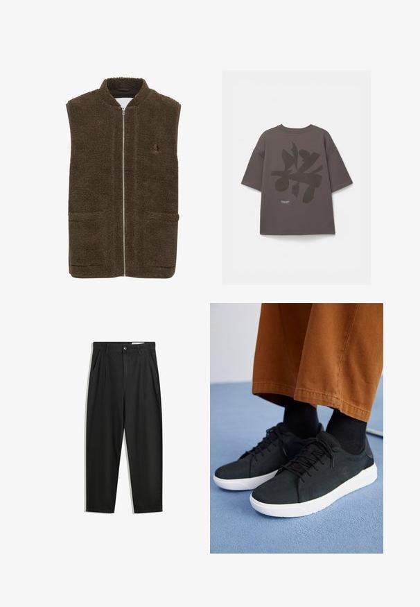 Ruskea fleece-liivi, jossa on korkea kaulus, etuvetoketju ja kaksi sivutaskua. Kankaan pinta on teksturoitu ja pehmeä, pörröinen.; Harmaa ylisuuria t-paita lyhyillä hihoilla, jossa on suuri tumma printtisuunnittelu selässä ja pieni tekstity yksityiskohta helman lähellä.; Mustat puuvillahousut rentoa mallia, joissa on klassinen vyötärö, etukangastukset ja sivutaskut. Sileä pinta ilman kuvioita.; Musta mokkanahkakengät valkoisilla kumipohjilla, joissa on nauhakiinnitys, teksturoituja yksityiskohtia ja huomaamatonta brändäystä, yhdistettynä ruskeisiin housuihin.