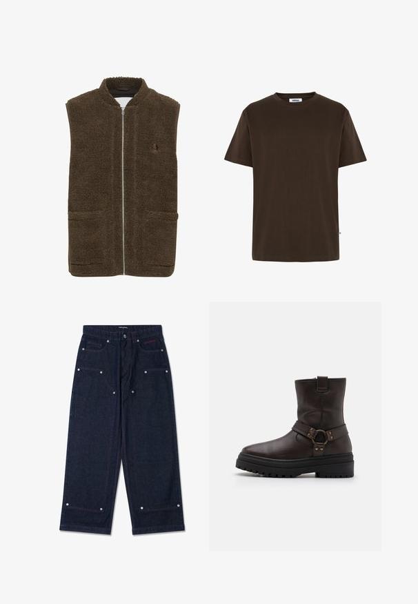 Ruskea fleece-liivi, jossa on korkea kaulus, etuvetoketju ja kaksi sivutaskua. Kankaan pinta on teksturoitu ja pehmeä, pörröinen.; Minimum AARHUS - T-paita - 1914 seal brown; Tumman farkkukankaan leveälahkeiset housut, joissa on kaksi etutaskua, hopeiset yksityiskohdat ja kontrastiväriset punaiset ompeleet. Housuissa on nappikiinnitys ja brändin logo.; Ruske nahke čevlje do gležnjev s kvadratnim nosom, zaponkami in debelim črnim podplatom. Imajo stransko zadrgo in teksturirano površino.