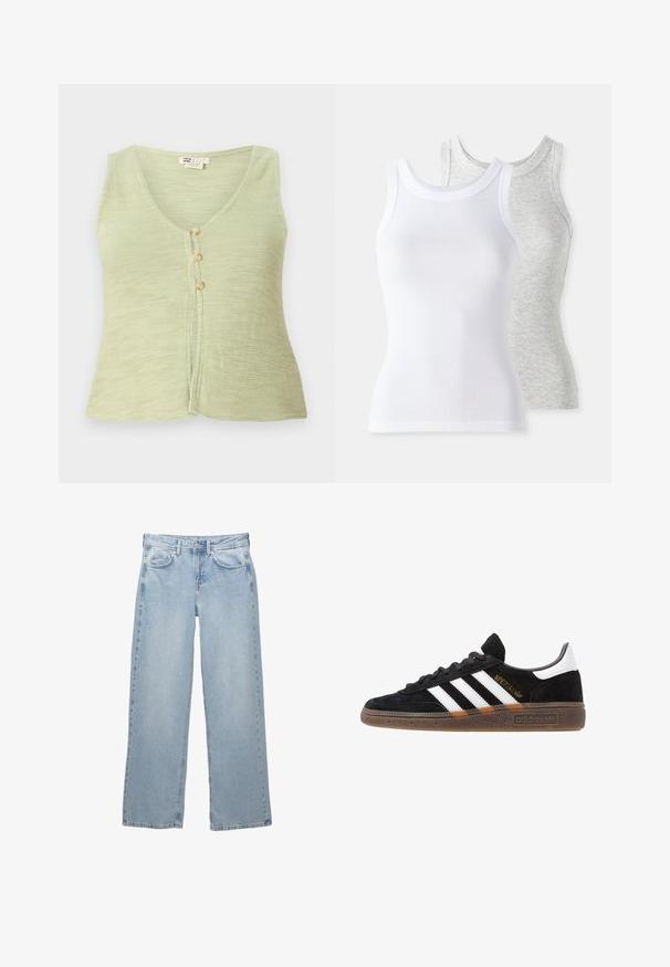 Vaaleanvihreä hihaton paita, jossa on V-pääntie, kolme napin suljinta edessä ja teksturoitu neulekangas. Yksinkertainen ja rento muotoilu.; Kaksi ilmanhihaista toppia: yksi valkoinen, ribattu pinta ja toinen vaaleanharmaa, jossa on hienovarainen heather-kuvio. Molemmissa on pyöreä kaula-aukko.; Vaaleansiniset farkut, joissa on leveä lahjemuotoilu, nappi- ja vetoketjusuljenta, viisi taskua sekä vähäiset ompeluyksityiskohdat.; Mustat Adidas-nikeset, joissa on valkoiset raidat, kultaiset "Spezial"-tekstiset, kumipohja ja valkoinen kantapää, esitetty sivuprofiilissa.