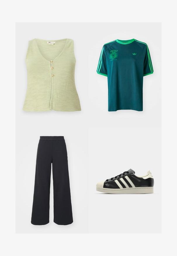 Top verde deschis, fără mâneci, cu decolteu în V, trei nasturi pe față și un material tricotat texturat. Design simplu și casual.; Tricou din bumbac teal cu accente verzi, având un gât rotund, mâneci raglan și logo-ul Adidas imprimat pe piept și pe mânecă.; Pantaloni de trening negri, cu picioare largi, confecționați dintr-un material moale, având un talie elastică și un logo mic pe partea stângă.; Sneaker din piele neagră cu dungi albe, vârf din cauciuc, șireturi negre și talpă de culoare crem. Textură netedă cu finisaj strălucitor.