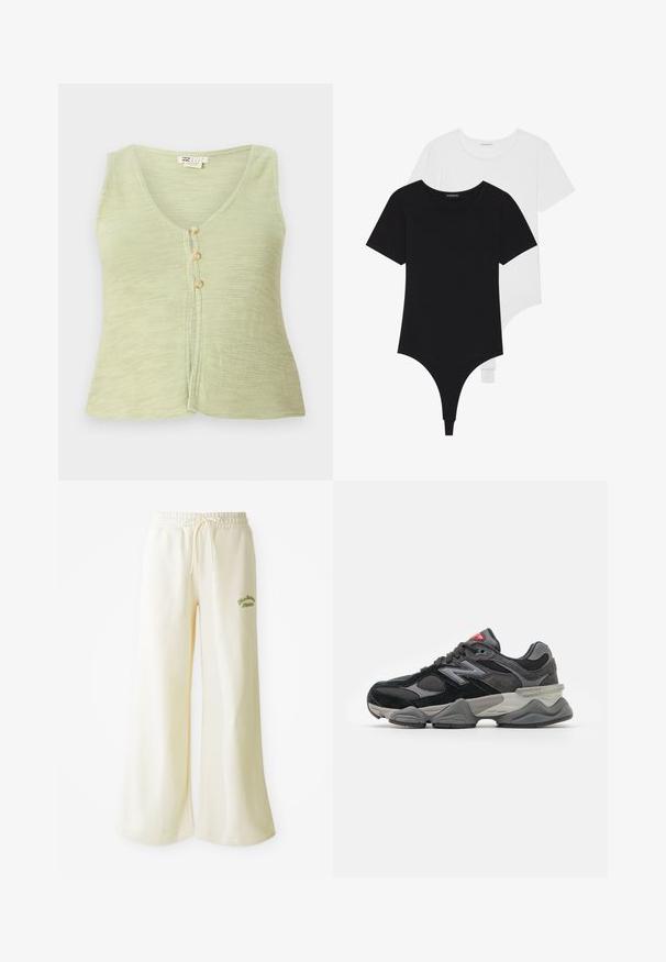 Lys grøn ærmeløs top med v-hals, tre knaplukninger foran og et struktureret strikstof. Simpelt og afslappet design.; Sort-hvide kortærmede bodystockings med rund halsudskæring og trusse-bund, lavet af glat, strækbart stof.; Cremefarvede sweatpants med vide ben, elastisk talje og justerbar snor. Broderet grønt "Athletic" tekst foran. Blødt materiale.; Sort og grå sneakers med en kombination af ruskind og mesh-materialer, tyk sål, fremtrædende logo og rød accent på tungen.