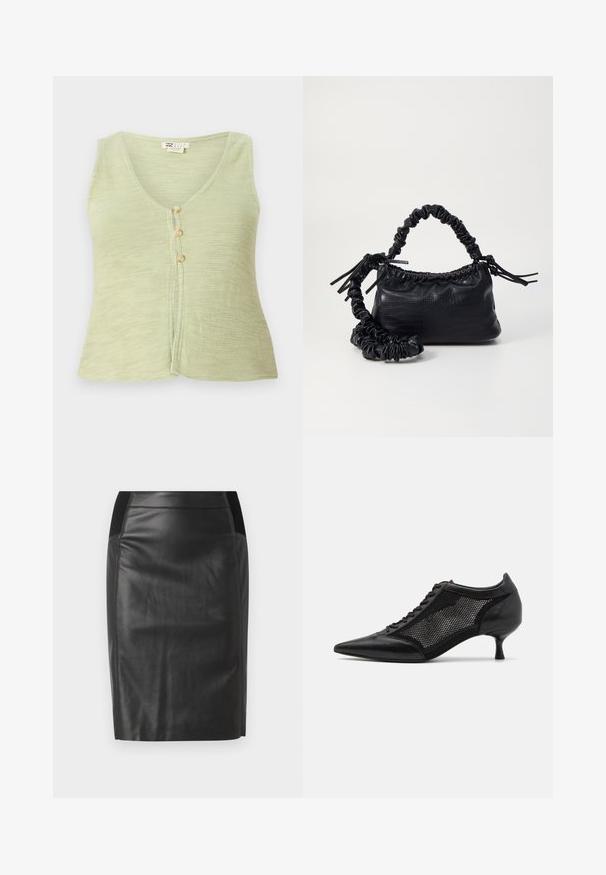 Canotta verde chiaro senza maniche con scollatura a V, tre bottoni sulla parte anteriore e tessuto a maglia texture. Design semplice e casual.; Maglietta nera a maniche lunghe con scollo a barca, realizzata in tessuto morbido. Design semplice senza motivi o dettagli.; Gonna a tubino nera in pelle con un design aderente, texture liscia e dettagli con elastico sui lati. Orlo piatto nella parte inferiore.; Scarpa nera a punta con un design a pannello di rete, dotata di un tacco basso e lacci frontali. Realizzata in una combinazione di pelle e materiale a rete.; Borsa a tracolla in ecopelle nera con texture a coccodrillo, apertura cinchata e tracolla arricciata. Si presenta con un design morbido e compatto.