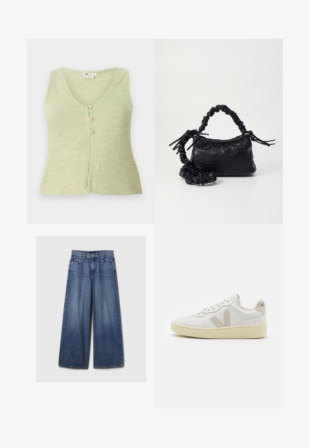 Top sem mangas verde claro com decote em V, três botões à frente e um tecido de malha texturizada. Design simples e casual.; Top crop em material de malha off-white. Mangas longas com textura canelada e pequenos recortes à volta do decote.; Calças de ganga azul de perna larga com um acabamento desbotado, apresentando um fecho de botão e zipper, cinco bolsos e passantes para cinto.; Sapatilha de couro branca com detalhes em camurça bege, biqueira perfurada, atacadores planos e sola texturizada creme. Apresenta uma marcação subtil no calcanhar.; Bolsa de mão em couro sintético preto com textura de crocodilo, topo franzido e alça enrugada. Apresenta um design suave e compacto.