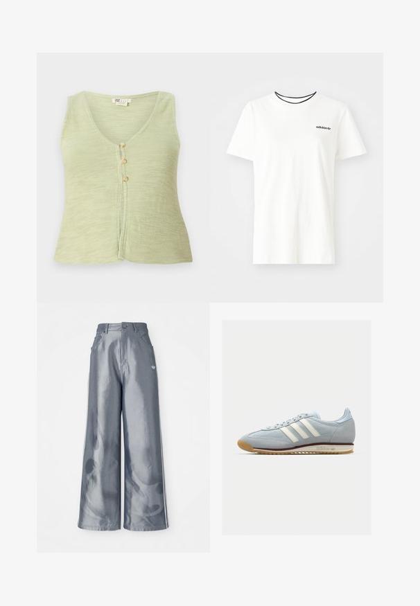 Heled roheline ilma varrukateta särk v-kaelusega, ees kolme nööbiga sulgemine ja tekstuuriga kudum. Lihtne ja mugav disain.; Valge puuvillasest t-särgist lühikeste varrukatega ja ümarate kaelustega. Rinnal on must Adidas'i logo ning kontrastne must sisekaelus.; Laiad püksid läikivast hallist materjalist, valgete külgtriipudega ja põlevate mustritega alumistes jalgades. Nööp ja lukku kinnitamine vööl.; Heledad sinine sametist tennis, millel on valged kolm triipu, kummitald ja tekstureeritud sisu. Tooteomadused hõlmavad sujuvat varbakatet ja brändingut kontsapooles.