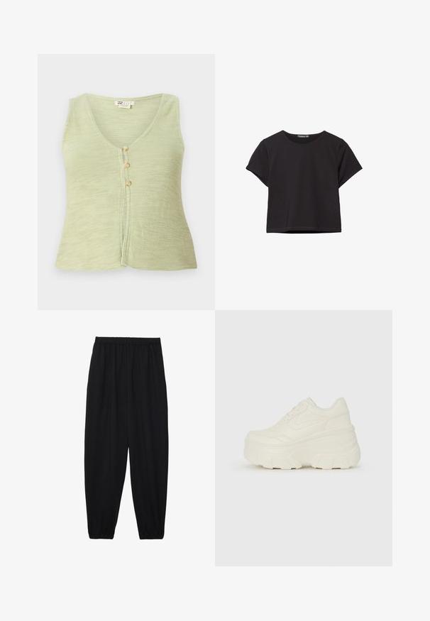 Svjetlozelena majica bez rukava s V izrezom, tri gumba za zatvaranje sprijeda i teksturirana pletenina. Jednostavan i ležeran dizajn.; Crna kratka majica s kratkim rukavima izrađena od mekog materijala, s okruglim izrezom i opuštenim krojem te čistim rubom.; Crne, lagane hlače s elastičnom stražnjom pasicom i naboranim gležnjevima. Tkanina je glatka i ima opušteni, suženi dizajn.; Bijele platformske tenisice s glatkim gornjim dijelom koji nalikuje koži, zaobljenim oblikom, podstavljenim okvirom i teksturiranim gumeni potplat s definiranom profilacijom.
