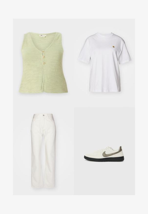 Lys grøn ærmeløs top med v-hals, tre knaplukninger foran og et struktureret strikstof. Simpelt og afslappet design.; Hvid bomulds-t-shirt med en afslappet pasform, korte ærmer og et lille broderet logo på venstre brystområde.; Hvide denimbukser med høj talje og bred benpasform. Har en knap- og lynlåslukning, bæltesløjfer og subtile syninger.; Nike Sportswear FIELD GENERAL - Sneakers - off-white/black