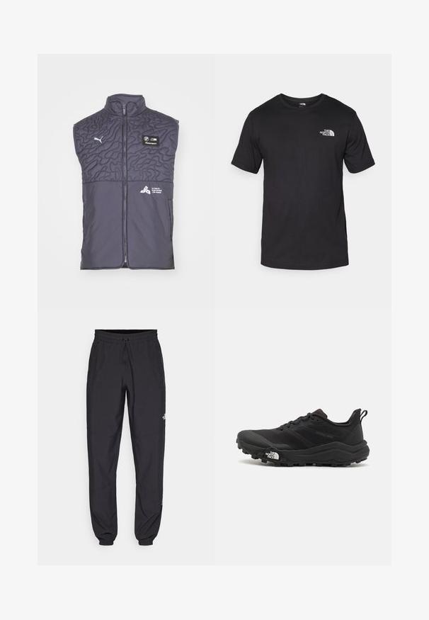 Puma BMW STATEMENT - Mellény - galactic gray; Fekete rövidujjú pamut póló, kerek nyakkivágással, a bal felső mellkason egy kis fehér logóval.; Fekete sportnadrág, könnyű anyagból készült, húzózsinóros derékkal, oldalsó zsebekkel és szűkített szárakkal a bokáknál.; Fekete terepfutó cipő, textúrált felső résszel, gumitalppal és megerősített lábujjrészével. Párnázott bokarésszel és húzófüllel rendelkezik a könnyű felhúzáshoz.