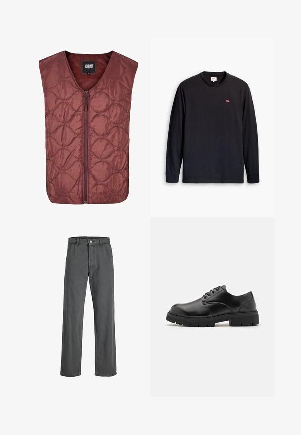 Burgundy kviltad väst med dragkedja framtill. Har en ärmlös design och cirkulärt sömnadsmönster på tyget.; Svart långärmad t-shirt i bomull. Har en rund halsringning och en liten röd logga på bröstet. Mjuk textur, standardpassform.; Mörkgrå vida jeans av denim. Har en framsidans knapp och dragkedja, bältesöglor och en klassisk femfickdesign.; Svarta läderskor med rund tå, snörningsdesign och en tjock, texturerad gummisula. Har sömmar längs kanten och en slät yta.