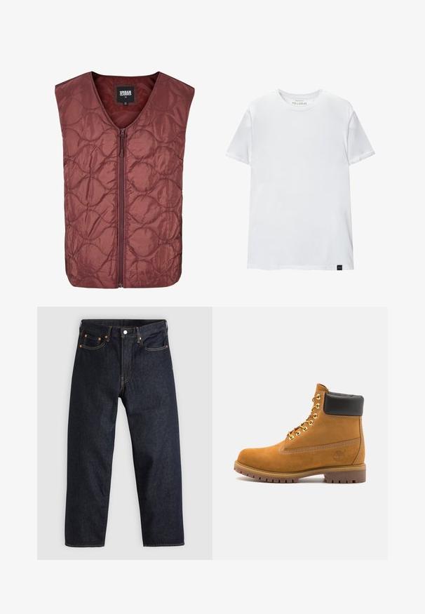 Burgundi színű steppelt mellény, cipzáras elülső zárással. Ujjatlan kialakítással rendelkezik, és kerek varrási mintázat található az anyagon.; Fehér, izmos szabású póló, tiszta pamutból készült. Kerek nyak, rövid ujjú, sima tapintású. Kis fekete logó címke az alsó szegélyen. Egyszerű dizájn.; Sötétkék farmernadrág egyenes szabással, öt zsebbel, kontrasztos narancssárga varrással és gombos záródással. Nem látható rajta mintázat vagy díszítés.; Barna velúr bokacipő fekete párnázott gallérral, arany fém fűzőlyukakkal, fehér varrási részletekkel és durva gumitalppal, amelynek kifejezett barázdái vannak.