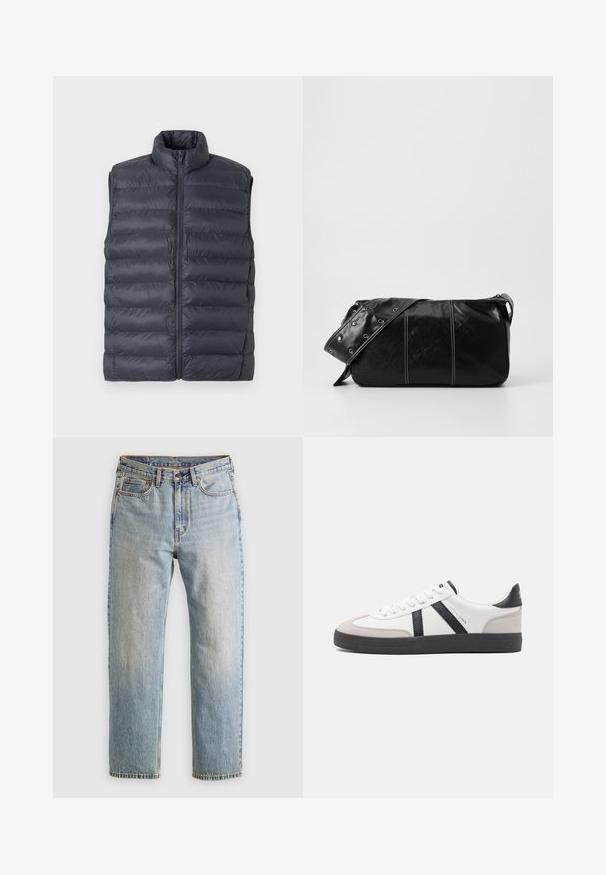 Tmavě modrá prošívaná bezrukávová péřová vesta s vysokým límcem a předním zipem, umístěná na světlém šedém pozadí.; Béžový pulovr s čtvrtzipem ze měkké pleteniny. Obsahuje ribbovaný límec a manžety, má uvolněný střih a bezšvový design.; Svetle modré džíny z denimu s vysokým pasem, předním knoflíkem, zipem a designem s pěti kapsami, ležící rovně na neutrálním pozadí.; Bílé tenisky s černými a šedými akcenty, opatřené texturovaným šedým prstovým krytem, černou gumovou podrážkou a plochými bílými tkaničkami. Čistý design, minimalistický styl.; Černá kožená kabelka přes rameno se zapínáním na zip, s texturovaným tělem, bílým prošíváním a popruhem se stříbrnými očky.