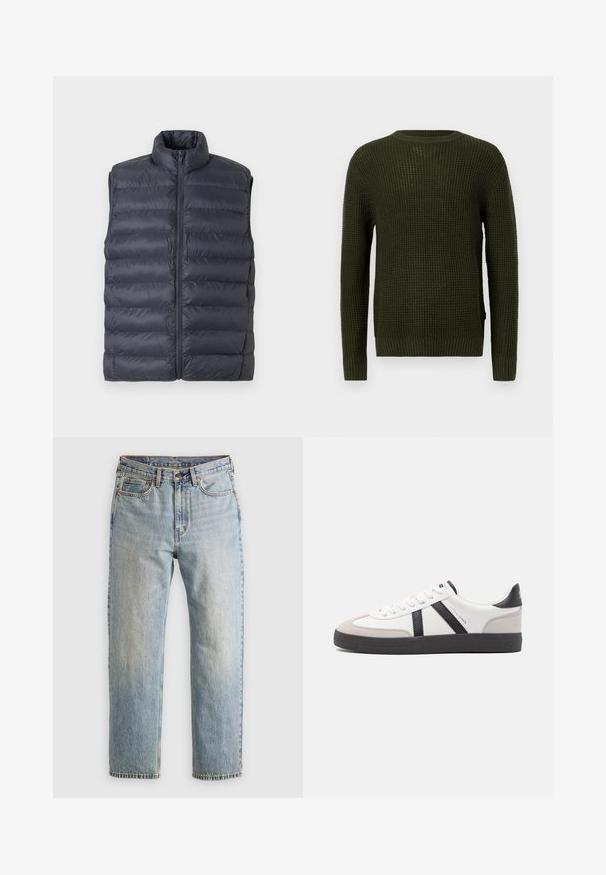 Navy blue quilted sleeveless puffer vest with high collar and front zipper, displayed against a light gray background.; Olive green knitted sweater with a round neckline, long sleeves, and ribbed cuffs. Features a textured pattern and a relaxed fit.; Light blue denim jeans with high waist, front button, zipper, and five-pocket design, laid flat on a neutral background.; White sneaker with black and gray accents, featuring a textured gray toe cap, black rubber sole, and flat white laces. Clean design, minimalist style.