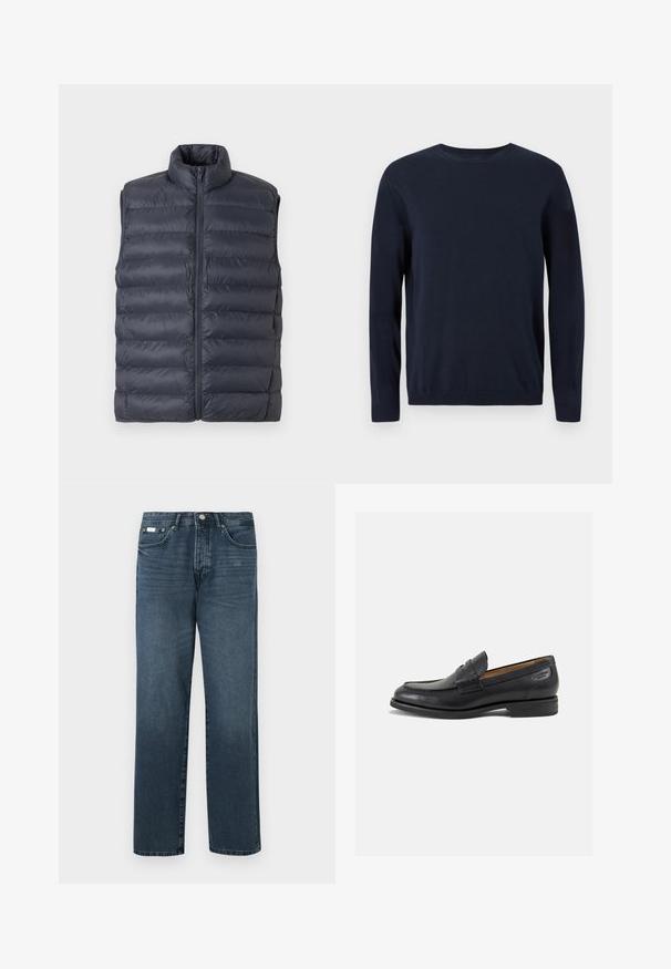 Tamsiai mėlynas sukurtas be rankovių pūkinis liemenė su aukštu apykakle ir priekiniais užtrauktukais, pateiktas prieš šviesiai pilką foną.; Tamsiai mėlynas megztinis su ilgomis rankovėmis, apvaliu iškirpimu ir nusmukusiais rankogaliais bei apačia. Ant krūtinės yra mažas logotipas.; Tamsiai mėlynos džinsinės kelnės, tiesaus modelio, su penkiomis kišenėmis, diržo kilpomis ir užtrauktuku. Lygaus tekstūros su subtiliais blukimo akcentais.; Juodi odiniai loafersai su lygiu paviršiumi, apvaliu pirštu ir dekoratyvine siūlė viršuje. Žemas sustiprintas kulnas ir lengvas blizgesys.