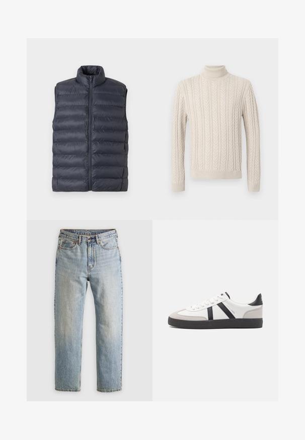 Tumed sinine tikitud ilma varrukateta puhvermantel kõrge kaelusega ja esi tõmblukuga, esitatud heledal hallil taustal.; Beige, kootud sviiter kõrge soonikuline kaelus. Omab tekstuuriga nöörmustrit ning soonikuid varrukaid ja alumist äärt, pakkudes hubast välimust.; Heledad hele sinine teksapükste kõrge vöökoht, ees nupuga, lukuga ja viie taskuga disain, asetatud tasasele neutraalsele taustale.; Valged tossud mustade ja hallide aktsentidega, tekstureeritud halli varbakattega, musta kummitald ja lamedad valged paelad. Puhtad jooned, minimalistlik stiil.