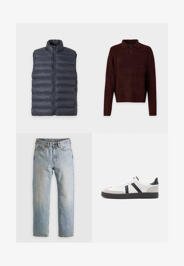 Marineblå quiltet uten ermer puffer vest med høy krage og glidelås foran, vist mot en lys grå bakgrunn.; Brun strikket genser med polo krage, tre knapper ved halsen og lange ermer. Myk tekstur, ribbede mansjetter og kant.; Lys blå denim jeans med høy midje, frontknapp, glidelås og fem-lommers design, lagt flatt på en nøytral bakgrunn.; Hvite sneakers med svarte og grå detaljer, med en teksturert grå tåhette, svart gummisåle, og flate hvite lisser. Rent design, minimalistisk stil.