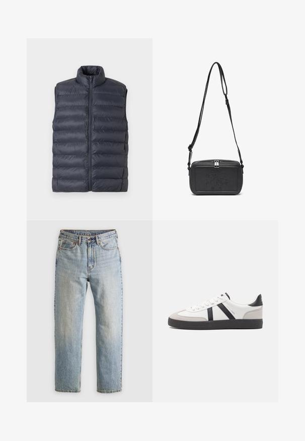 Temno modra prešitna brezrokavnik s povišanim ovratnikom in sprednjim zadrgo, predstavljen na svetlo sivi podlagi.; Rjav pleten pulover s polo ovratnikom, tremi gumbi na vratu in dolgimi rokavi. Mehak material, rebrasti manšeti in rob.; Svetlo modri džins hlače z visokim pasom, sprednjim gumbom, zadrgo in petimi žepi, laid flat na nevtralni podlagi.; Bela športna obutev z črnimi in sivo akcenti, z teksturirano sivo kapico za prste, črnim gumijastim podplatom in ravnimi belimi vezalkami. Čista zasnova, minimalistični slog.; Črna usnjena torbica čez ramo z zadrgo, embosirano logotipom spredaj in nastavljivim pasom. Gladka površina z pravokotno obliko.