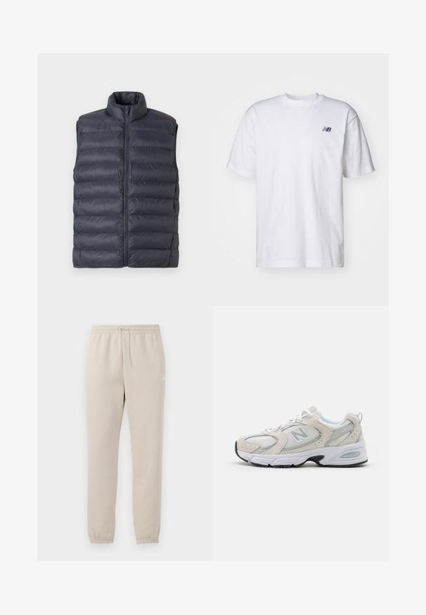 Granatowa pikowana kamizelka puchowa bez rękawów z wysokim kołnierzem i zamkiem błyskawicznym z przodu, prezentowana na jasnoszarym tle.; Biała, krótka koszulka z okrągłym dekoltem z krótkim rękawem z małym czarnym logo New Balance na lewej piersi na jednolitym tle.; Jasno beżowe dresy wykonane z miękkiego materiału, z elastycznym pasem w talii, regulowanym sznurkiem i zwężanymi mankietami przy kostkach.; Buty sportowe z jasnoszarym meshem i zamszowymi akcentami, białymi sznurówkami i czarną gumową podeszwą. Zauważalny detal poduszek ABZORB.