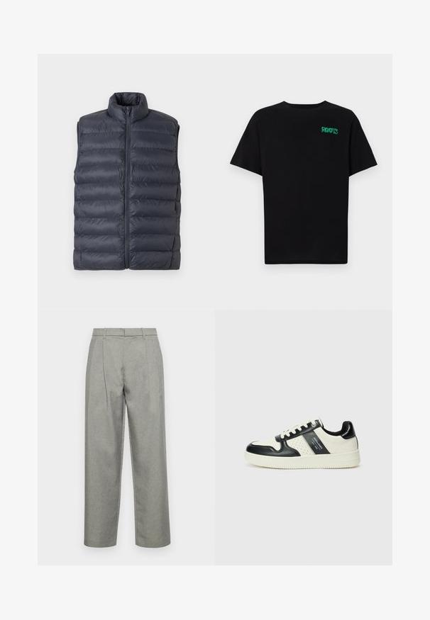 Tumed sinine tikitud ilma varrukateta puhvermantel kõrge kaelusega ja esi tõmblukuga, esitatud heledal hallil taustal.; Must t-särk, mis on valmistatud puuvillast, lühikeste varrukatega. Esipaneelil on roheline "ROOTS" logo, ümmargune kaelus ja tavapärane lõige.; Hallitatud hallid püksid, mis on valmistatud tekstuuriga kangast, sirge jala disainiga, ees pleekidega ning tavalise vöökohtadega, kus on vöökohad.; Nahatud nahkkingad musta ja kreemi värviskeemiga, millel on perforeeritud aktsendid, pehme krae ja tekstureeritud tallad.