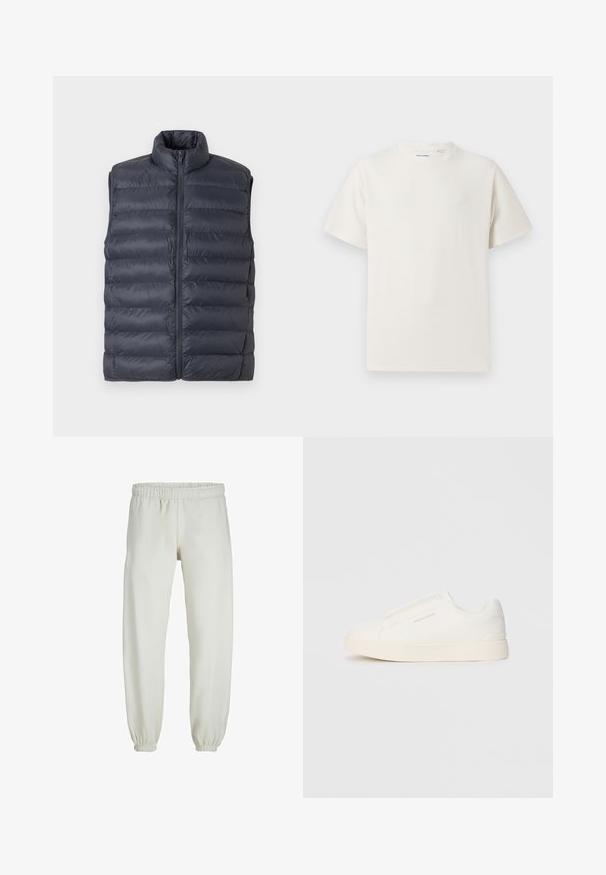 Navyblau gesteppte ärmellose Steppweste mit hohem Kragen und Frontreißverschluss, vor einem hellgrauen Hintergrund präsentiert.; Weißes T-Shirt mit kurzen Ärmeln in gerippter Textur. Runder Ausschnitt, lockere Passform, keine sichtbaren Muster oder Akzente. Einfaches und vielseitiges Design.; Weiße Jogginghose aus weichem Stoff, mit elastischem Bund und Säumen, einer glatten Textur und lockerem Schnitt.; Weiße Slip-On-Sneaker mit einer strukturierten Oberfläche, dicker Sohle und minimalistischem Design. Mit Logo der Marke an der Seite.