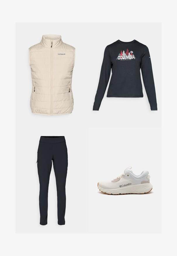 Beige isolierte Weste mit hohem Kragen, Frontreißverschluss und seitlichen Taschen. Enthält ein dezentes horizontal gestepptes Muster und Branding auf der Brust.; Dunkelgraues Langarmshirt mit einem Grafikdesign von roten Bäumen und Bergen; das "COLUMBIA"-Logo in fett weißer Schrift. Weicher Stoff, klassischer Rundhalsausschnitt.; Schwarze Sporthose im Slim-Fit, mit elastischem Bund und einer seitlichen Gesäßtasche mit Reißverschluss. Glattes, dehnbares Material mit minimalen Nähten.; Leichter Columbia Sportschuh aus weißem Mesh mit einer strukturierten grauen Sole und Gummitraktion. Verfügt über einen gepolsterten Kragen und ein Schnürdesign.