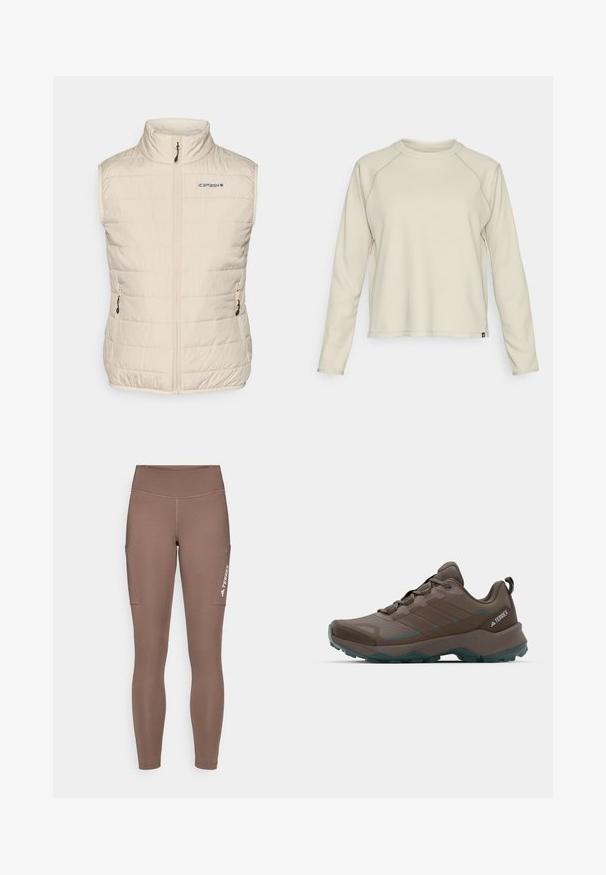 Beige isolierte Weste mit hohem Kragen, Frontreißverschluss und seitlichen Taschen. Enthält ein dezentes horizontal gestepptes Muster und Branding auf der Brust.; Helle beige Langarmbluse mit strukturiertem, geripptem Design. Mit Raglanärmeln und rundem Ausschnitt. Dezentes Markenlogo am Saum.; Braune Sportlegging mit einem hohen Bund, ausgestattet mit Seitentaschen und einem weißen Logo. Glatter, dehnbarer Stoff für Komfort und Bewegungsfreiheit.; Graue und türkisfarbene Wanderschuhe mit Netzpaneelen, strukturiertem Obermaterial und robustem Gummisohle. Mit gepolsterter Zunge und Schnürdesign.
