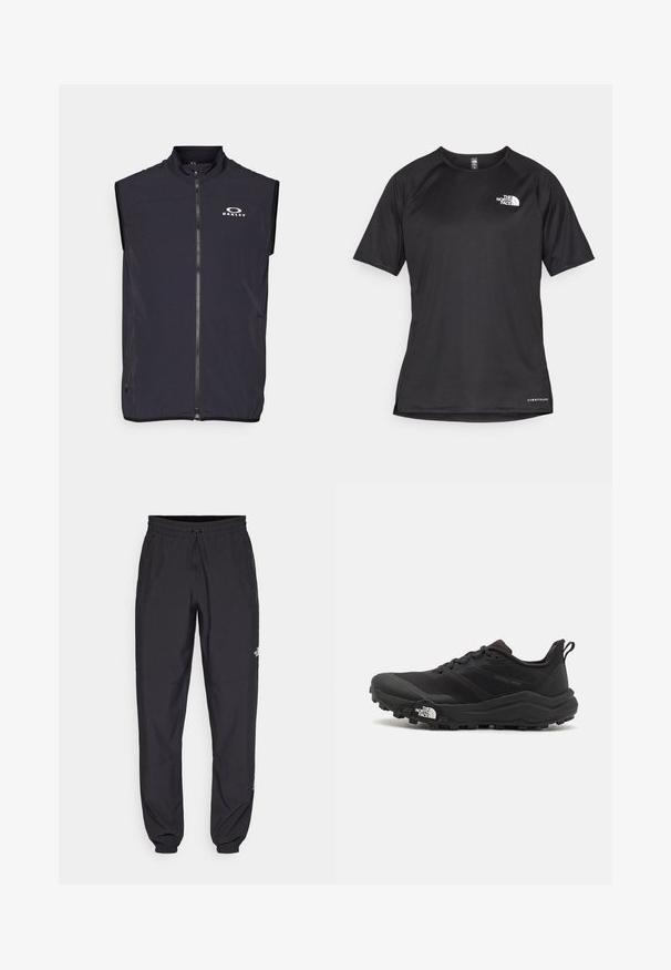 Oakley VEST - Vesta - blackout; Čierne športové tričko s krátkym rukávom z texturovanej látky, s bielym logom na ľavej hrudi a rovným lemom.; Čierne športové nohavice vyrobené z ľahkej tkaniny, s elastickým pásom na šnurovanie, bočnými vreckami a zúženými manžetami na členkoch.; Čierne trailové behacie topánky s štruktúrovaným zvrškom, gumovou podrážkou a vystuženou špičkou. Obsahuje polstrovaný golier a úchyt na jednoduché obúvanie.