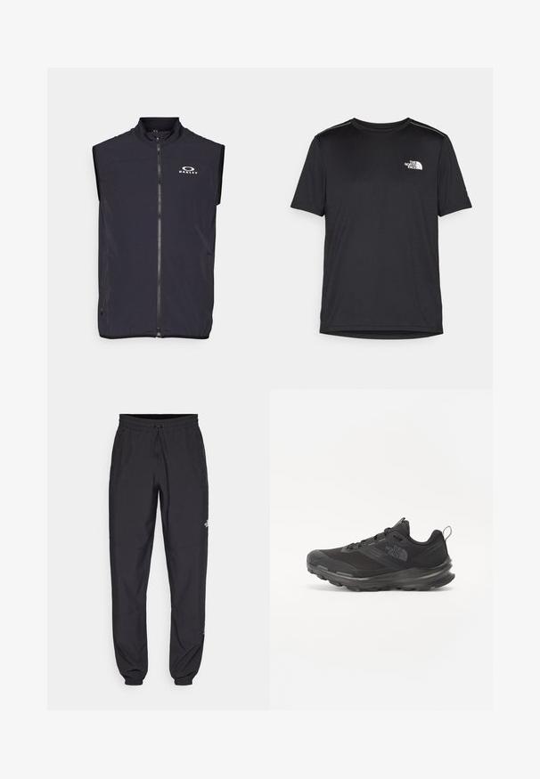 Oakley VEST - Liemenė - blackout; Juodas trumpas rankovės marškinėliai, pagaminti iš lengvos medžiagos. Yra mažas baltas logotipas kairiajame krūtinės pusėje ir subtilūs pečių akcentai.; Juodos sportinės kelnės, pagamintos iš lengvos medžiagos, su raišteliu liemens srityje, šoniniais kišenėmis ir siaurėjantys apykaklės prie kulkšnies.; Juodos sportinės bateliai su tinklelio viršumi, guminiais padu ir paminkštintu apykakle. Yra raišteliai, logotipas šone ir tekstūruotas dizainas.