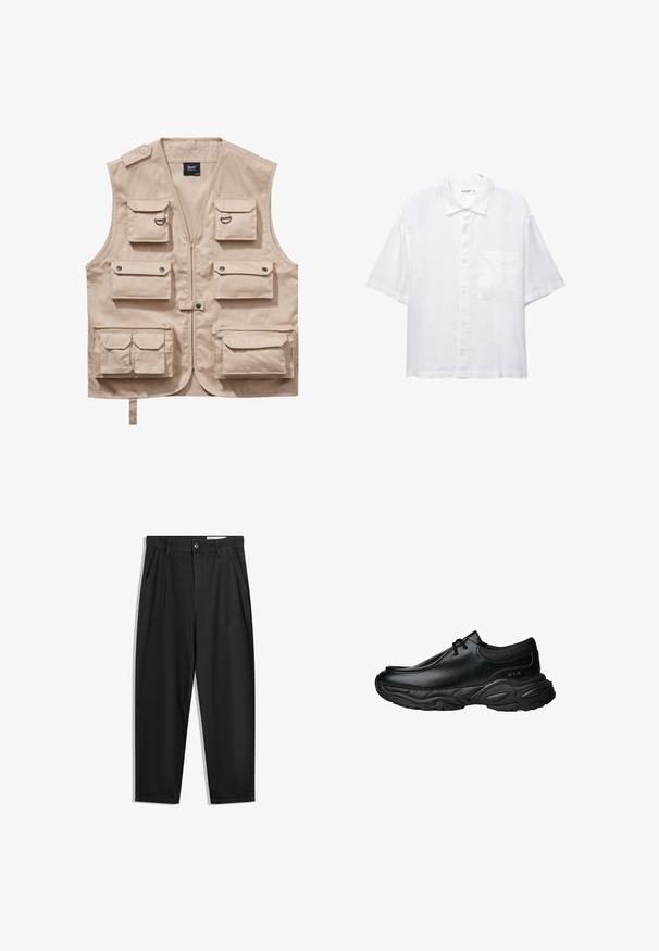 Vesta cargo bej, fabricată dintr-un material durabil, prezentând multiple buzunare cu clapete, închidere cu fermoar și guler. Detaliile includ nasturi metalici cu capsa și inele.; Cămașă albă cu mânecă scurtă, cu închidere butonată în față, guler și un singur buzunar pe piept. Confecționată dintr-un material ușor, cu o textură netedă.; Pantaloni negri din bumbac cu croială lejeră, având un brâu clasic, plii frontale și buzunare laterale. Textură netedă fără modele.; Pantofi negri din piele, tip slip-on, cu vârf rotunjit și talpă din cauciuc texturat, gros. Prezintă cusături fine și accente elastice la guler.