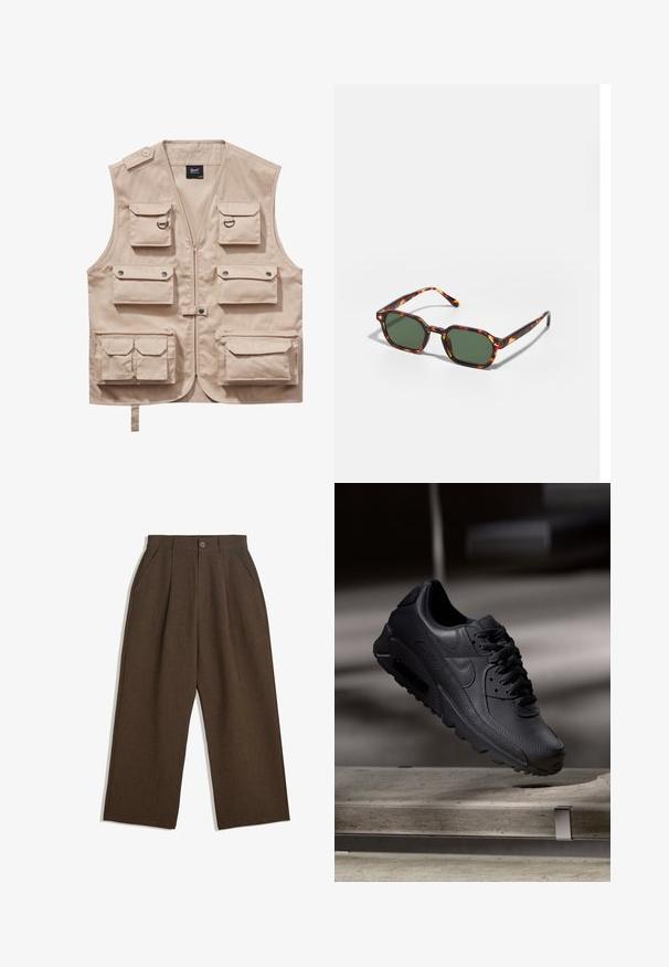 Beige cargoväst tillverkad av slitstark tyg, med flera fickor med lock, dragkedja och krage. Detaljer inkluderar metallknappar och ringar.; Kortärmad, mörkbrun skjorta gjord av texturerad tyg. Har en knapp-för-upp-front och två bröstfickor. Avslappnad design med en ledig passform.; Bruna veckade byxor med en vid bendesign, med knappstängning och sidofickor, tillverkade av textil med struktur som passar för avslappnad användning.; Svarta Nike Air Max sneakers med övre del av texturerat läder, gummisula och framträdande snörsystem, som visar en strömlinjeformad och modern design.; Sköldpaddsbeslag av solglasögon med gröna linser, vinklade i en oktagonal form och med smala, böjda skalmar. Materialet har en glansig yta.