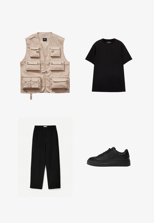 Beige cargoväst tillverkad av slitstark tyg, med flera fickor med lock, dragkedja och krage. Detaljer inkluderar metallknappar och ringar.; PULL&BEAR JOIN LIFE - T-shirt - bas - black; Svarta, vida byxor i lätt tyg. Har en elastisk midja och en mjuk textur. Inga synliga mönster eller detaljer.; Svart sneaker i slät läder, med rund tå, tjock plattformssula och traditionell snördesign med sex öglor.