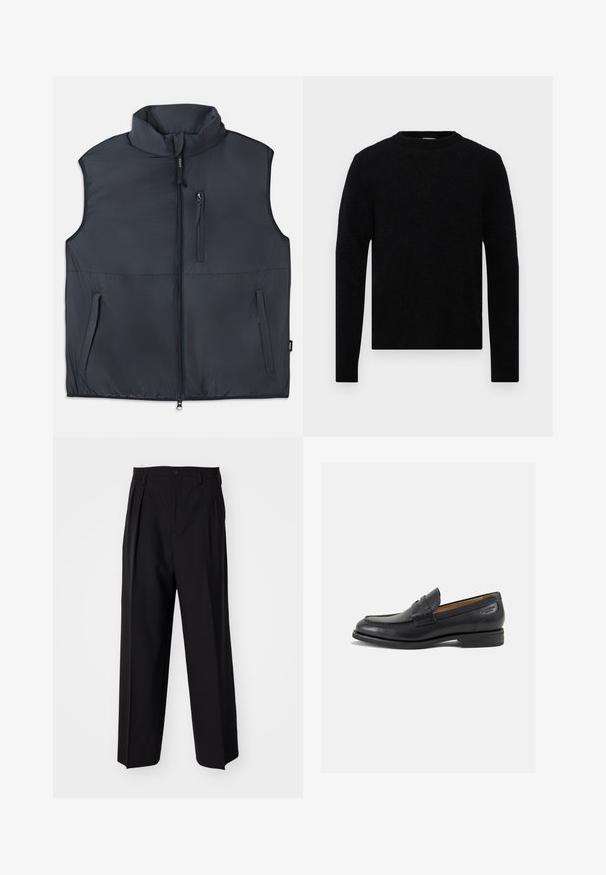 Black sleeveless padded vest with stand collar, front zipper, and three zippered pockets.; Filippa K SWEATER - Jumper - black; Plain white short-sleeve relaxed-fit T-shirt laid flat on light gray background.; Black pleated trousers with a straight, wide-leg design. Made from smooth fabric, featuring a button closure and belt loops.; Black leather loafers with a smooth finish, rounded toe, and decorative stitching on the vamp. Low stacked heel and slight shine.