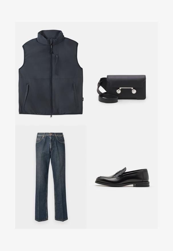 Juodas be rankovių, paminkštintas liemenė su aukštu apykakle, priekinis užtrauktukas ir trys užtrauktuku uždaromos kišenės.; Kremo spalvos mezginis megztinis su polo apykakle, raukšlėtomis rankovėmis ir apačia, su priekiniais užtrauktukais ir minkšta tekstūra.; Tamsiai mėlynas trumpa rankovė T-palaidinė su balta tekstu "neanche per sogno" centruota ant krūtinės, apvaliu kaklu, vidutinio dydžio.; Tamsiai mėlynos tiesios kojos džinsai su priekiniais mygtukais, užtrauktuku, dviem priekinėmis kišenėmis ir matomomis vertikaliomis raukšlėmis nuo kelnių šonų.; Juodos odinės loafers, turinčios lygų paviršių, apvalią noselę ir dekoratyvinę juostą per priekinę dalį. Žemas krentantis kulnas, minimalistinis dizainas.; Juodas odinis kryžminis krepšys su sklendės uždarymu, sidabro spalvos detalėmis ir dviem apvaliais akcentais. Yra nusiimamas diržas. Lygus paviršius.